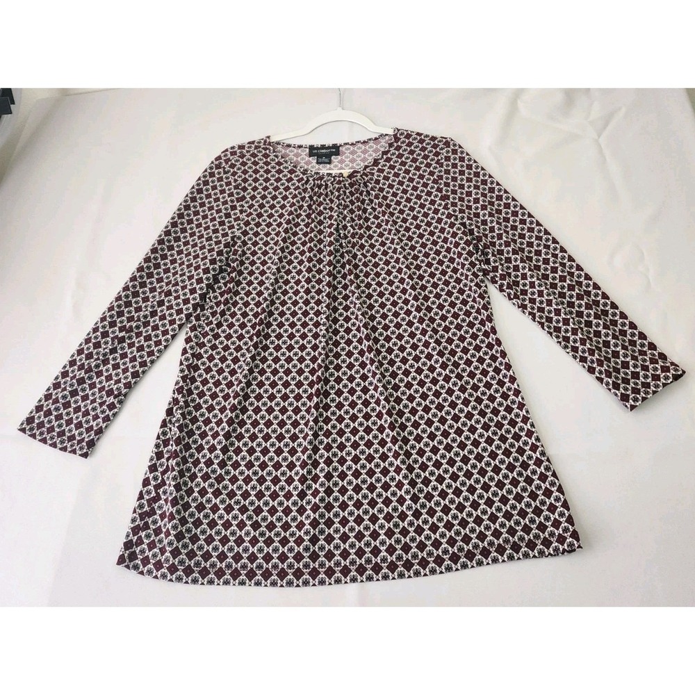 Liz Claiborne Career Top Womens M Burgundy Geometric Print 3/4 Sleeve Blouse